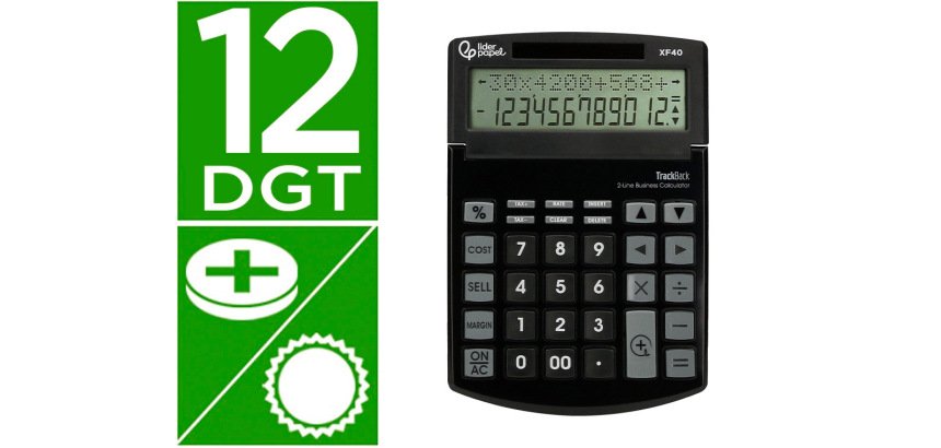 Calculadora liderpapel sobremesa xf40 12 digitos dos lineas solar y pilas negro 175x120x30 mm 40% reciclada
