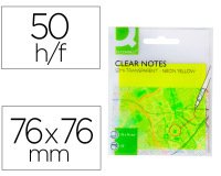 Bloc de notas adhesivas quita y pon q-connect 76x76 mm removible plastico translucido amarillo neon con 50 hojas