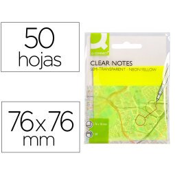 Bloc de notas adhesivas quita y pon q-connect 76x76 mm removible plastico translucido amarillo neon con 50 hojas