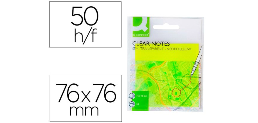 Bloc de notas adhesivas quita y pon q-connect 76x76 mm removible plastico translucido amarillo neon con 50 hojas