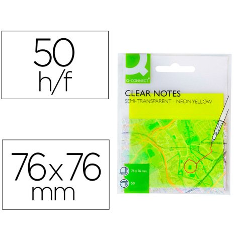 Bloc de notas adhesivas quita y pon q-connect 76x76 mm removible plastico translucido amarillo neon con 50 hojas