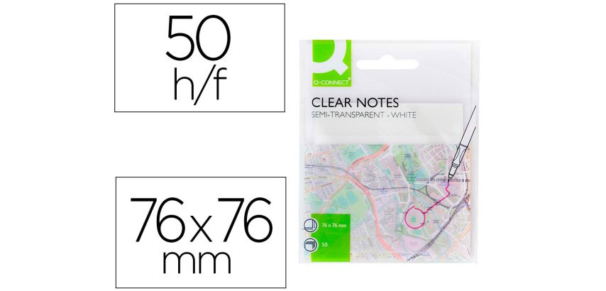 Bloc de notas adhesivas quita y pon q-connect 76x76 mm removible plastico translucido blanco 50 hojas