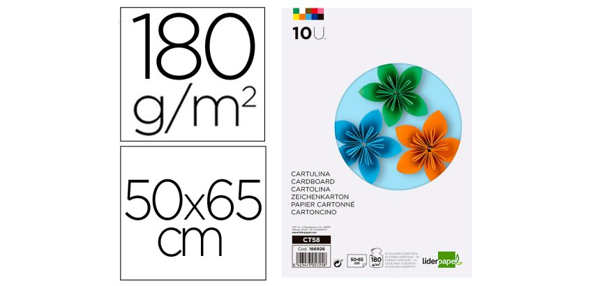 Cartulina liderpapel 50x65 cm 180g/m2 10 colores surtidos paquete de 10 hojas