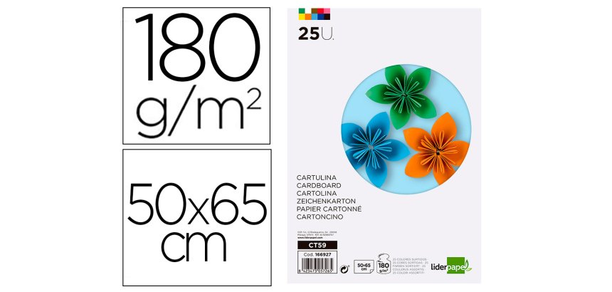 Cartulina liderpapel 50x65 cm 180g/m2 25 colores surtidos paquete de 25 hojas
