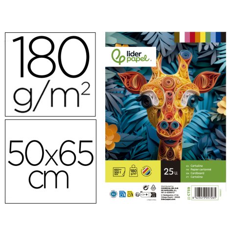 Cartulina liderpapel 50x65 cm 180g/m2 25 colores surtidos paquete de 25 hojas