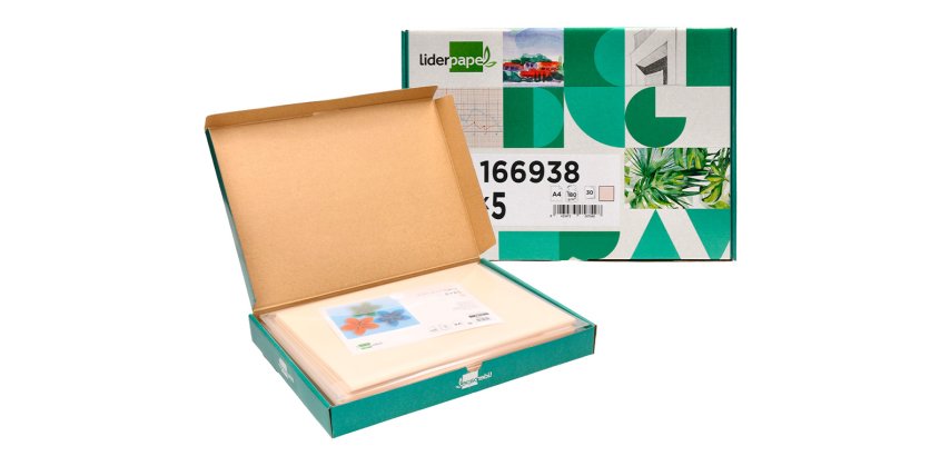 Cartulina liderpapel a4 180g/m2 crema paquete de 25+5 hojas en carpeta dossier transparente con cierre velcro