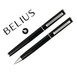 Juego boligrafo y roller belius norwich cuerpo negro mate y detalles cromados satinados en caja regalo