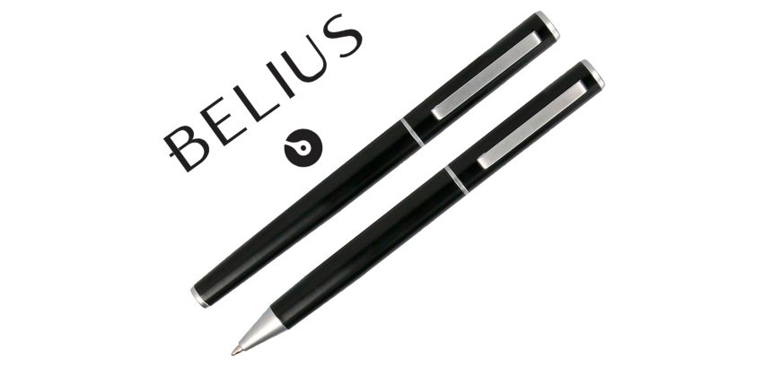 Juego boligrafo y roller belius norwich cuerpo negro mate y detalles cromados satinados en caja regalo