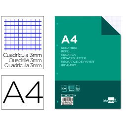 Recambio liderpapel A4 100 hojas 100g/m2 cuadro 3mm con margen 4 taladros