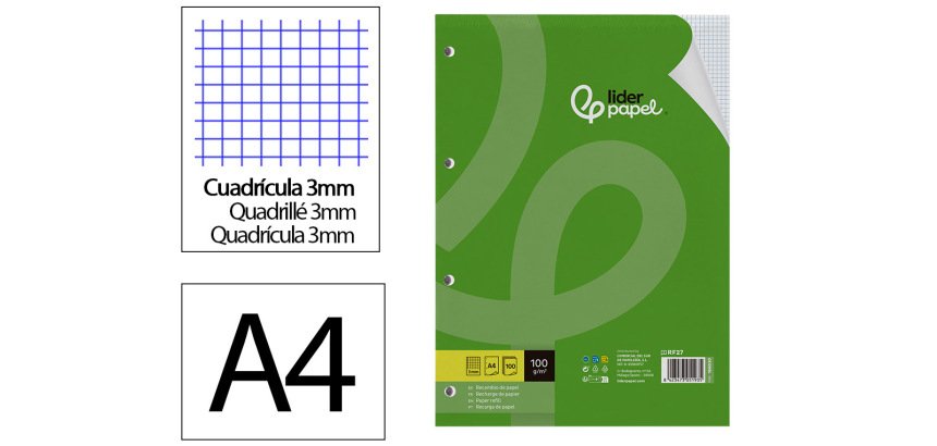 Recambio liderpapel A4 100 hojas 100g/m2 cuadro 3mm con margen 4 taladros