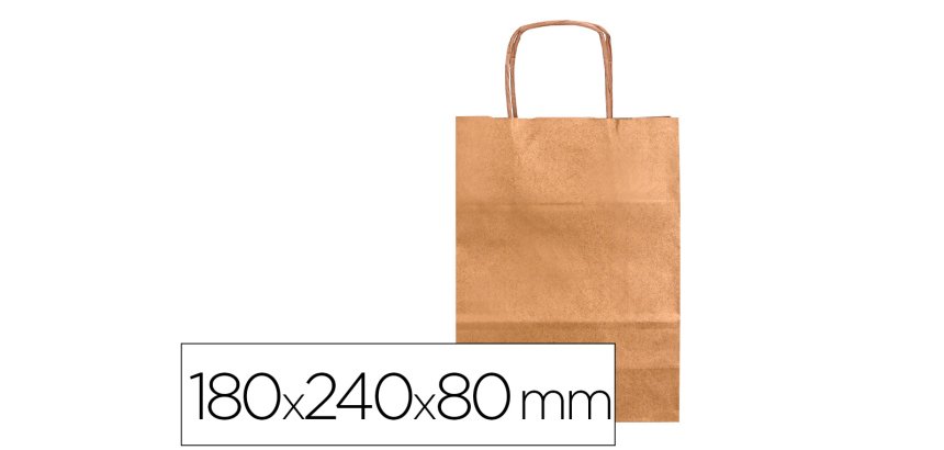 Bolsa papel q-connect kraft natural liso xs con asa retorcida 180x240x80 mm