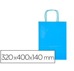 Bolsa papel q-connect celulosa celeste l con asa retorcida 320x400x140 mm