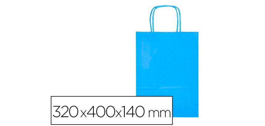 Bolsa papel q-connect celulosa celeste l con asa retorcida 320x400x140 mm