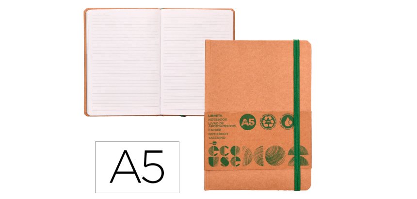 Libreta liderpapel ecouse 100% reciclada a5 96 hojas 70gr horizontal con gomilla y marca paginas