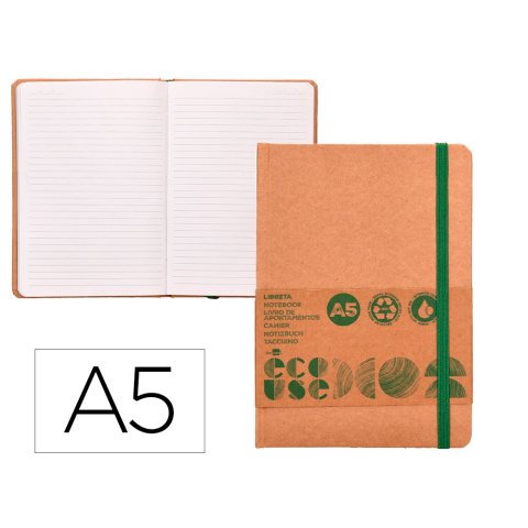 Libreta liderpapel ecouse 100% reciclada a5 96 hojas 70gr horizontal con gomilla y marca paginas