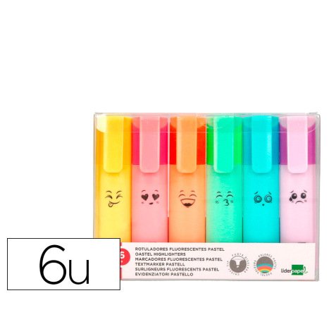 Rotulador liderpapel fluorescente pastel punta biselada estuche de 6 unidades colores surtidos