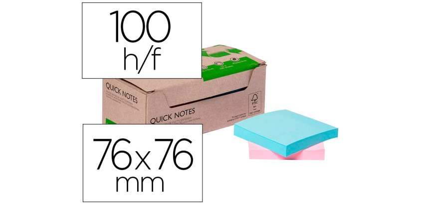 Bloc de notas adhesivas quita y pon q-connect 76x76 mm 100% papel reciclado colores pasteles en caja de carton
