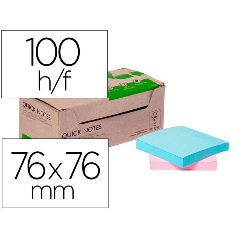 Bloc de notas adhesivas quita y pon q-connect 76x76 mm 100% papel reciclado colores pasteles en caja de carton