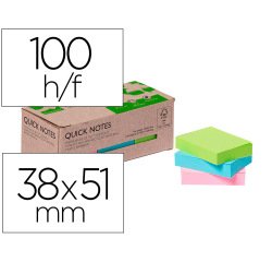 Bloc de notas adhesivas quita y pon q-connect 38x51 mm 100% papel reciclado colores pasteles en caja de carton