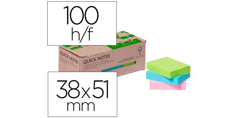 Bloc de notas adhesivas quita y pon q-connect 38x51 mm 100% papel reciclado colores pasteles en caja de carton