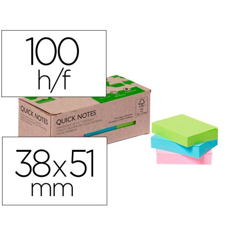 Bloc de notas adhesivas quita y pon q-connect 38x51 mm 100% papel reciclado colores pasteles en caja de carton