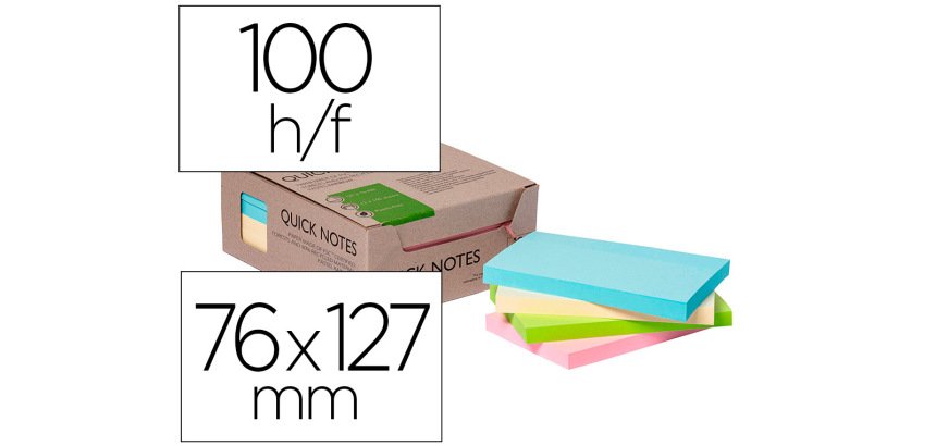 Bloc de notas adhesivas quita y pon q-connect 76x127 mm 100% papel reciclado colores pasteles en caja de carton