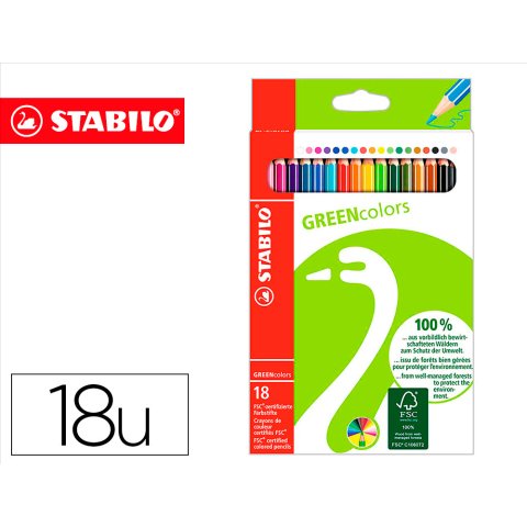 Lápices de colores Stabilo Green colors estuche carton de 18 unidades colores surtidos