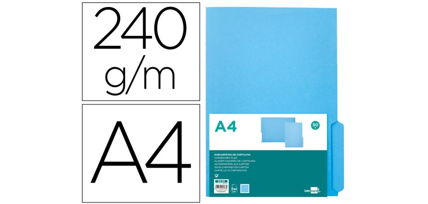 Subcarpeta cartulina liderpapel din a4 pestaña derecha 240g/m2 azul
