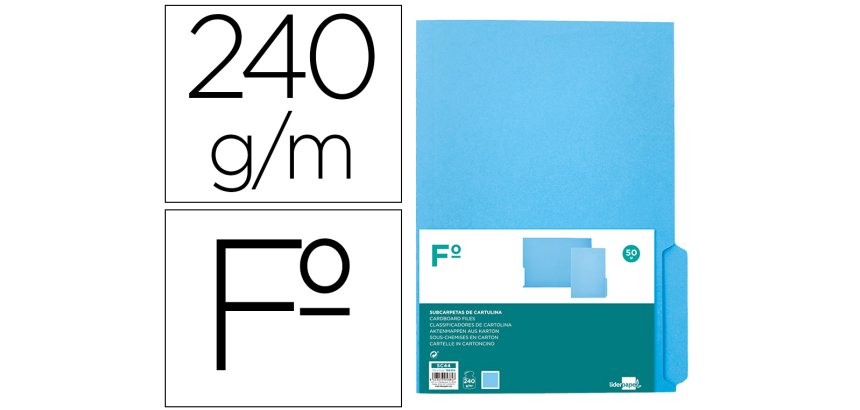 Subcarpeta cartulina liderpapel folio pestaña derecha 240g/m2 azul