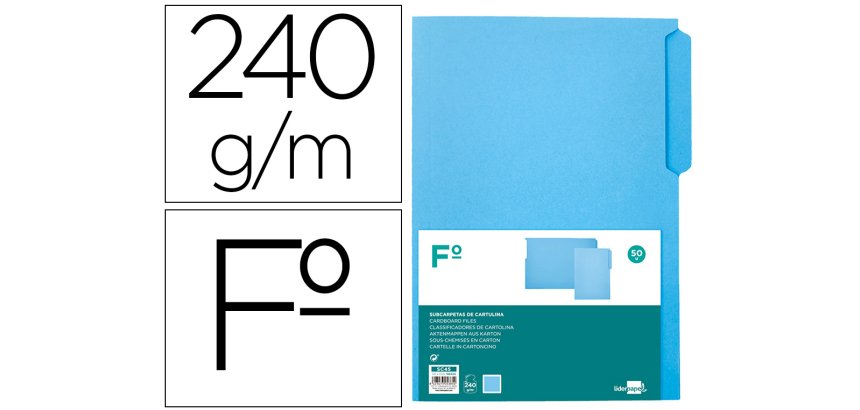 Subcarpeta cartulina liderpapel folio pestaña izquierda 240g/m2 azul