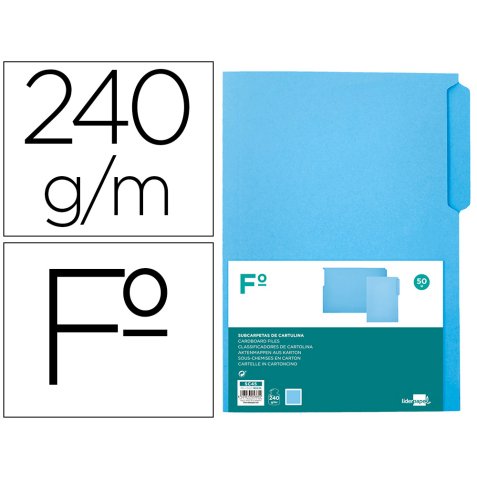 Subcarpeta cartulina liderpapel folio pestaña izquierda 240g/m2 azul