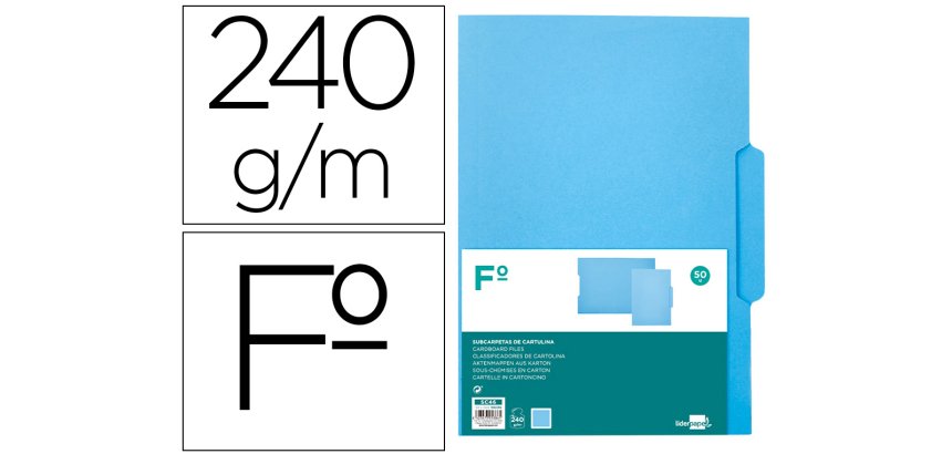Subcarpeta cartulina liderpapel folio pestaña central 240g/m2 azul