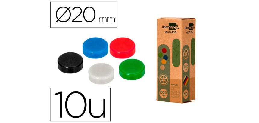 Iman para sujecion liderpapel ecouse pp recicladopara pizarra magnetica 20 mm caja de 10 unidades