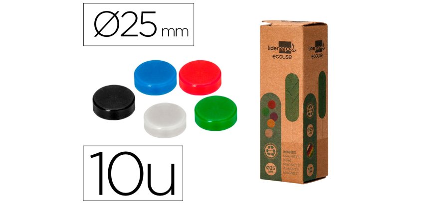 Iman para sujecion liderpapel ecouse pp reciclado para pizarra magnetica 25 mm caja de 10 unidades