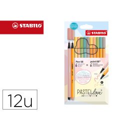 Rotulador stabilo punta de fibra point 88 + pen 68 pastel love estuche de carton de 12 colores surtidos