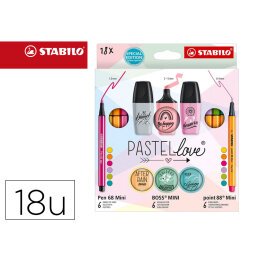 Set stabilo pastel love mini world pen 68 / point 88 / boss 18 unidades surtidas