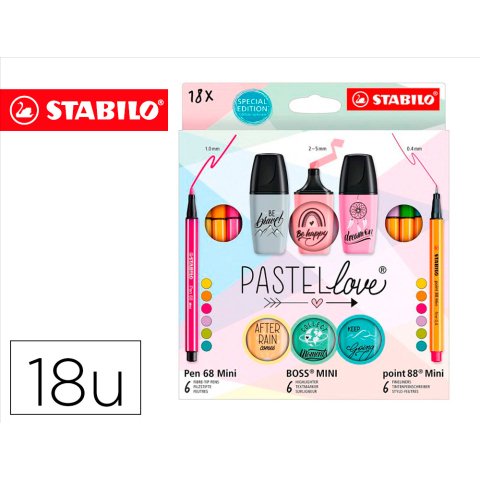 Set stabilo pastel love mini world pen 68 / point 88 / boss 18 unidades surtidas