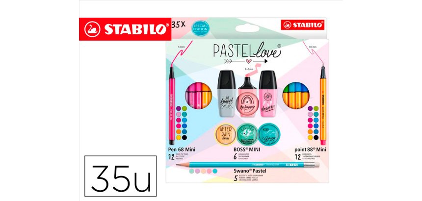 Set stabilo pastel love mini world pen 68 / point 88 / boss / swano 35 unidades surtidas