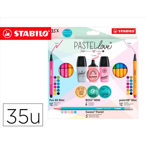 Set stabilo pastel love mini world pen 68 / point 88 / boss / swano 35 unidades surtidas