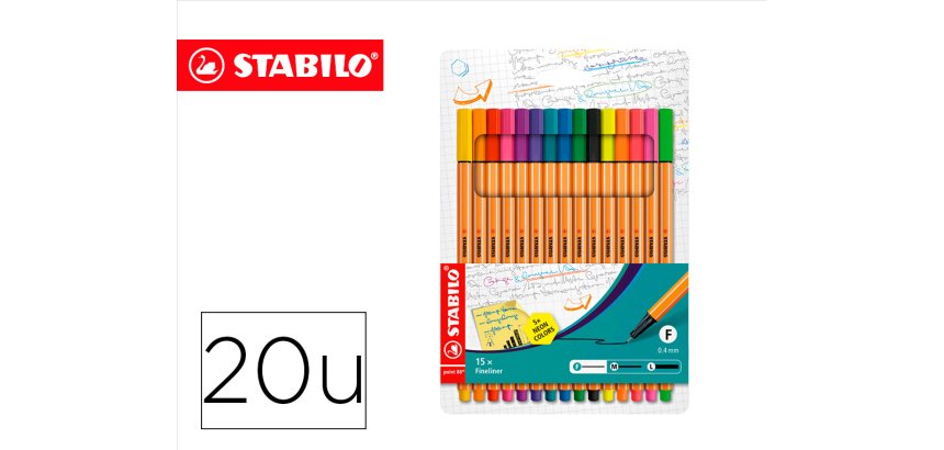 Rotulador stabilo punta de fibra point 88 estuche de 15 unidades colores surtidos + 5 colores neon