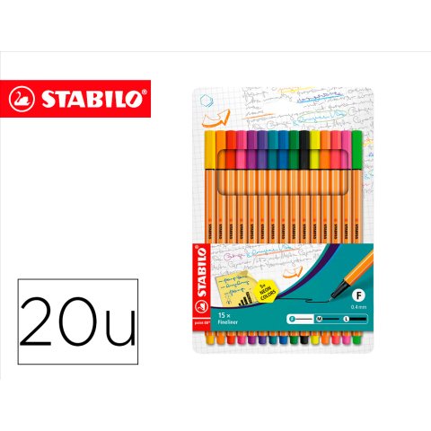 Rotulador stabilo punta de fibra point 88 estuche de 15 unidades colores surtidos + 5 colores neon