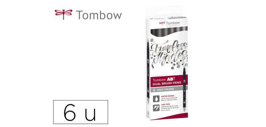 Rotulador tombow abt dual brush acuarelable doble punta fina/pincel estuche de 6 colores gama grises