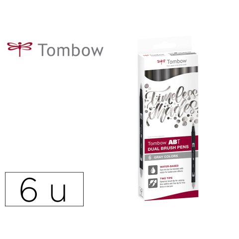 Rotulador tombow abt dual brush acuarelable doble punta fina/pincel estuche de 6 colores gama grises