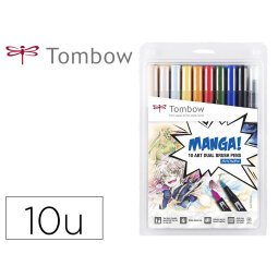 Rotulador tombow abt dual brush acuarelable doble punta fina/pincel estuche de 10 colores manga shonen