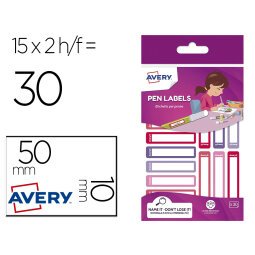 Etiqueta avery para boligrafos y lapices rosa y violeta 50x10 mm blister de 30 unidades