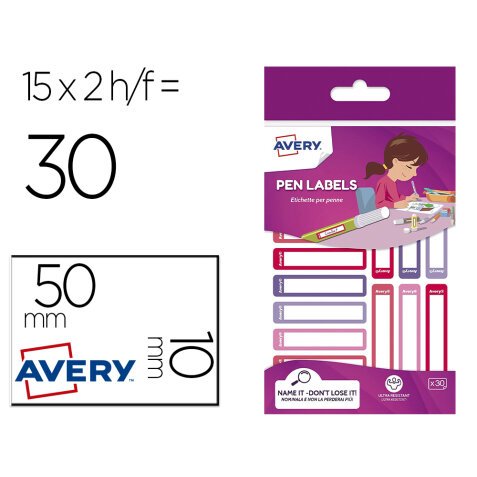 Etiqueta avery para boligrafos y lapices rosa y violeta 50x10 mm blister de 30 unidades