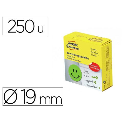 Etiqueta adhesiva avery smile verde sonriente 19 mm rollo de 250 unidades