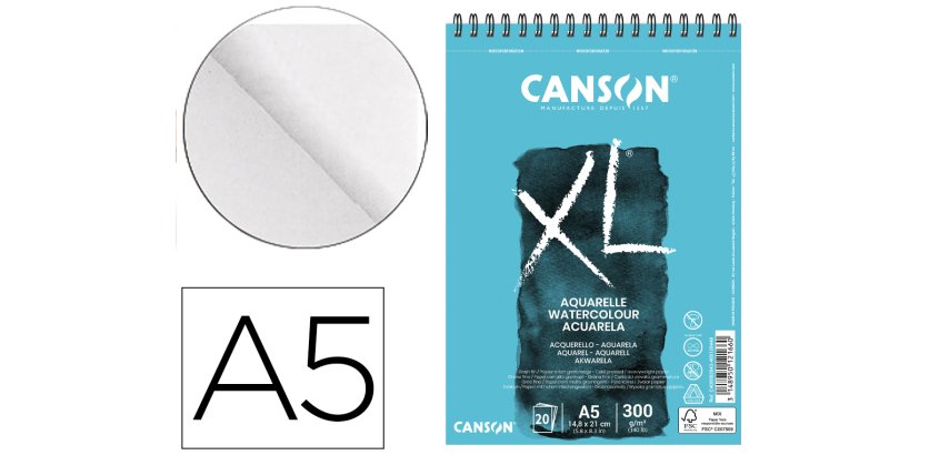 Bloc dibujo acuarela canson xl aquarelle grano fino din a5 microperforado espiral 14,8x21 cm 20 hojas 300 gr/m2