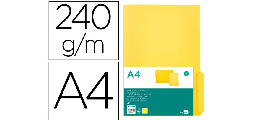 Subcarpeta cartulina liderpapel din a4 pestaña derecha 240g/m2 color amarillo