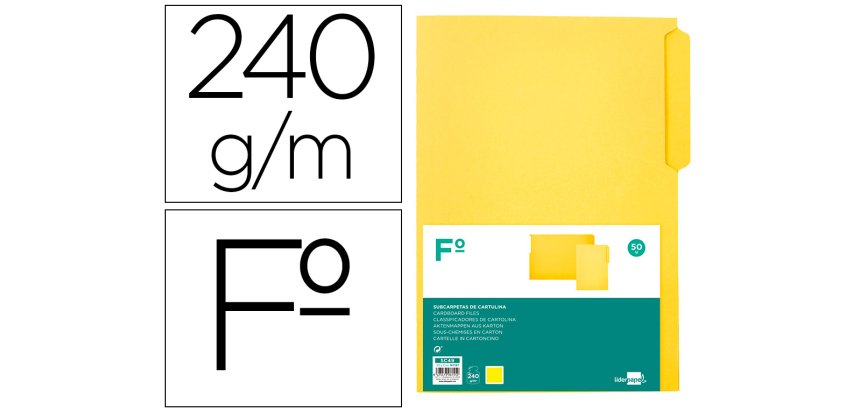 Subcarpeta cartulina liderpapel folio pestaña izquierda 240g/m2 amarillo